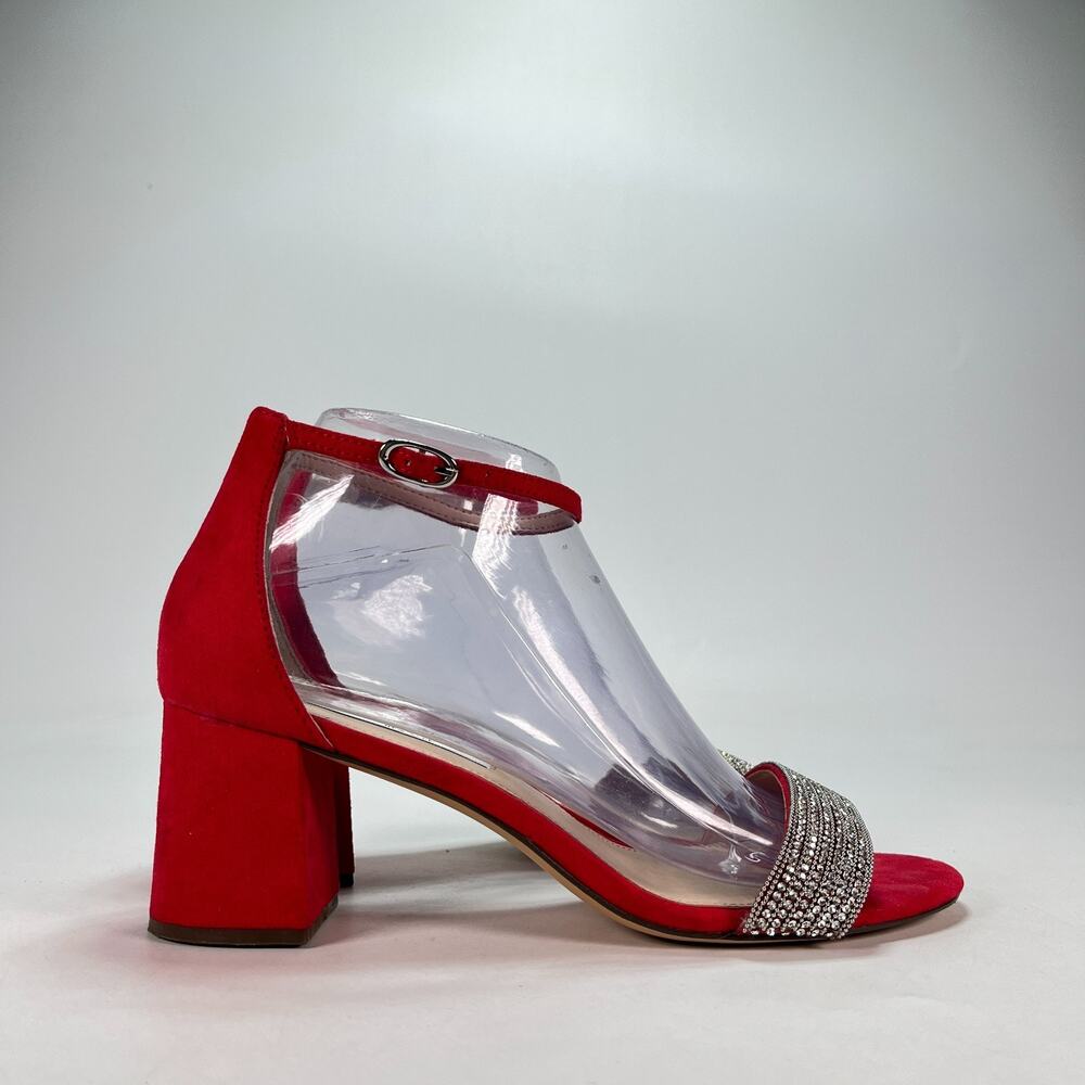 Nina Eloise Red Faux Suede Rhinestone Block Heel Dress Sandals Women's Size 8M
